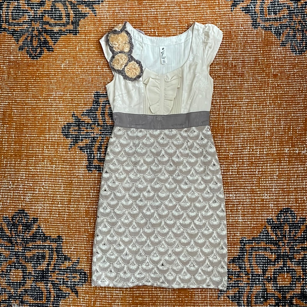 Floreat Anthropologie Neutral Brocade Embellished Dress XS 0